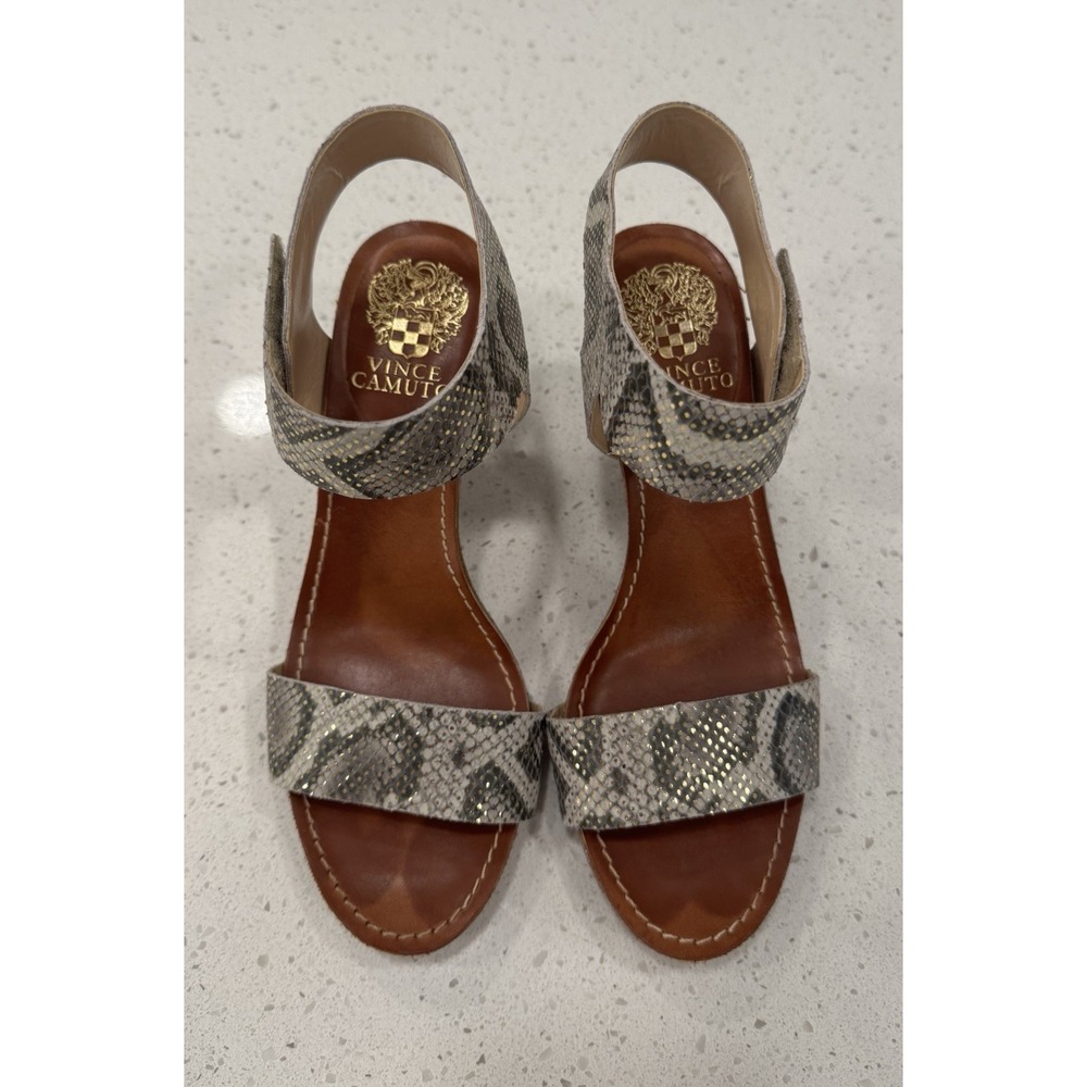 Vince Camuto leather, snake print strappy heel with ankle strap, open toe size 7